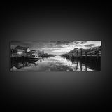 Fishing Dock, Quiet Marina, Waterside Village, Canvas Print, Nautical Wall Art, Lake House Decor, Black and White Photography