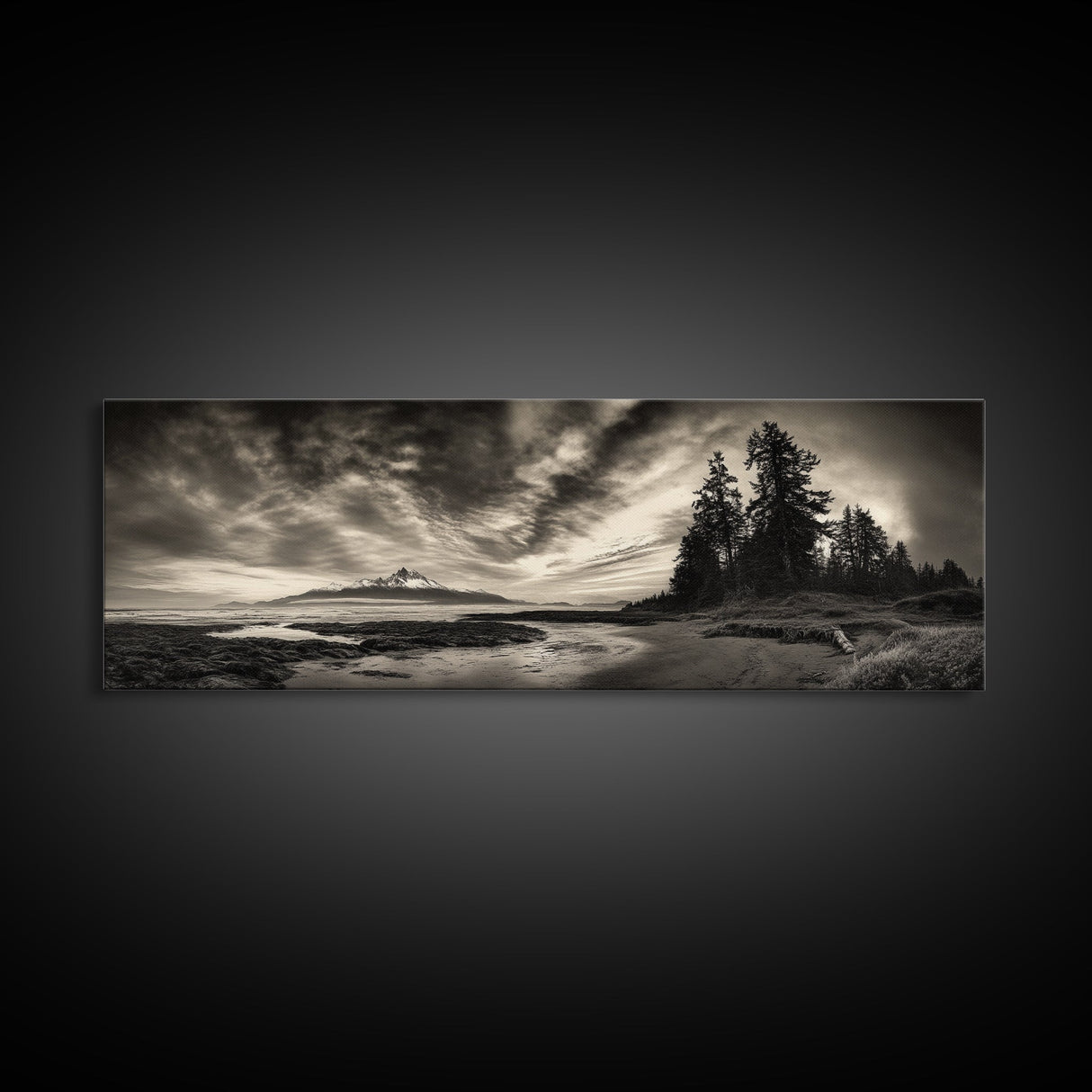 Mountain Shoreline, Stormy Sky, Forest Edge, Canvas Print, Wilderness Landscape Art, Cabin Decor, Moody Nature Photography