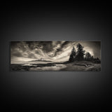 Mountain Shoreline, Stormy Sky, Forest Edge, Canvas Print, Wilderness Landscape Art, Cabin Decor, Moody Nature Photography
