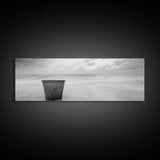 Seaside Metal Pail, Coastal Minimalism, Black White Art, Modern Bathroom Art, Framed Canvas Print, Tranquil Ocean Wall Decor