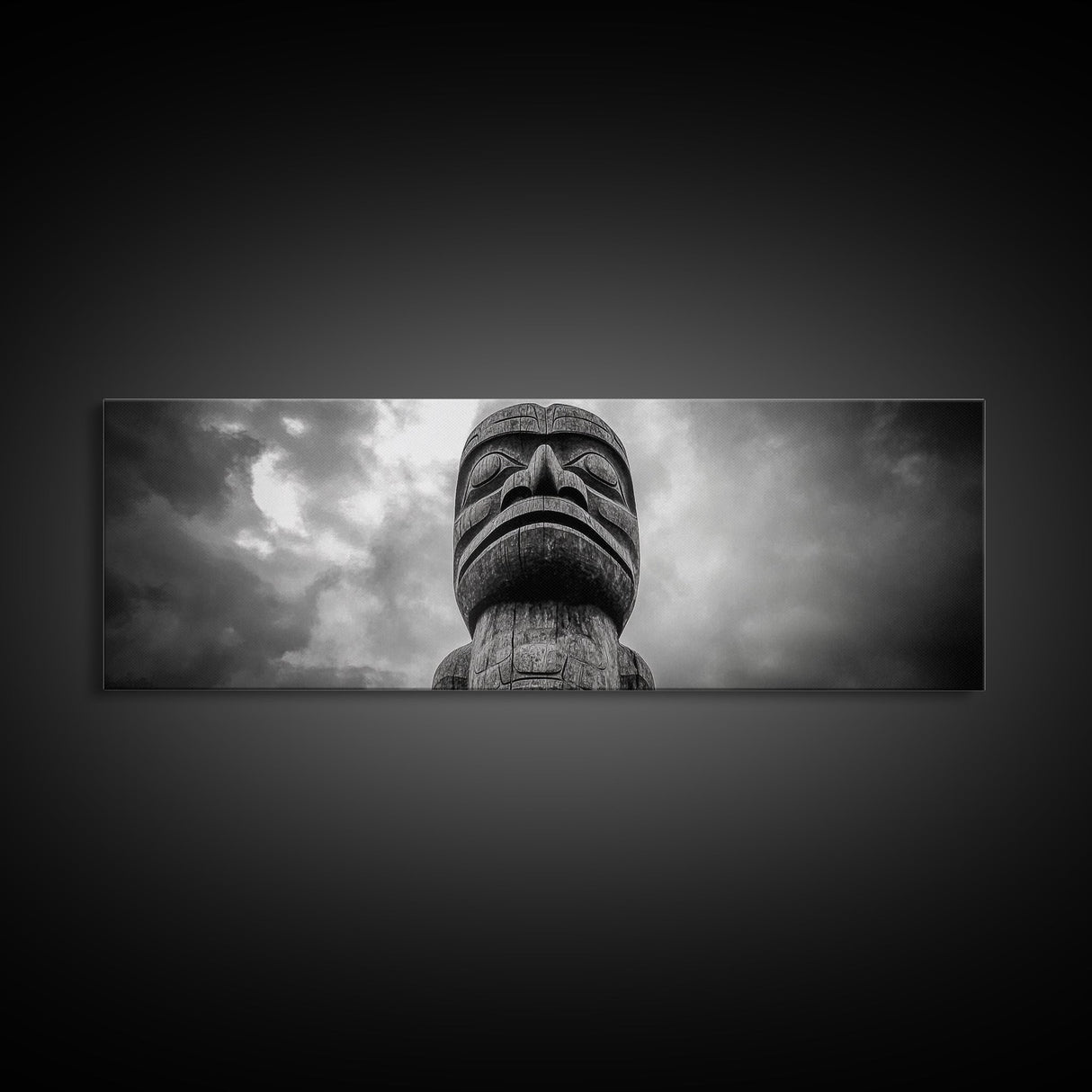 Tribal Totem Head, Cultural Wall Art, Primitive Sculpture Print, Monochrome Decor, Canvas Print, Office or Study Accent