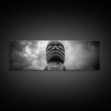 Tribal Totem Head, Cultural Wall Art, Primitive Sculpture Print, Monochrome Decor, Canvas Print, Office or Study Accent