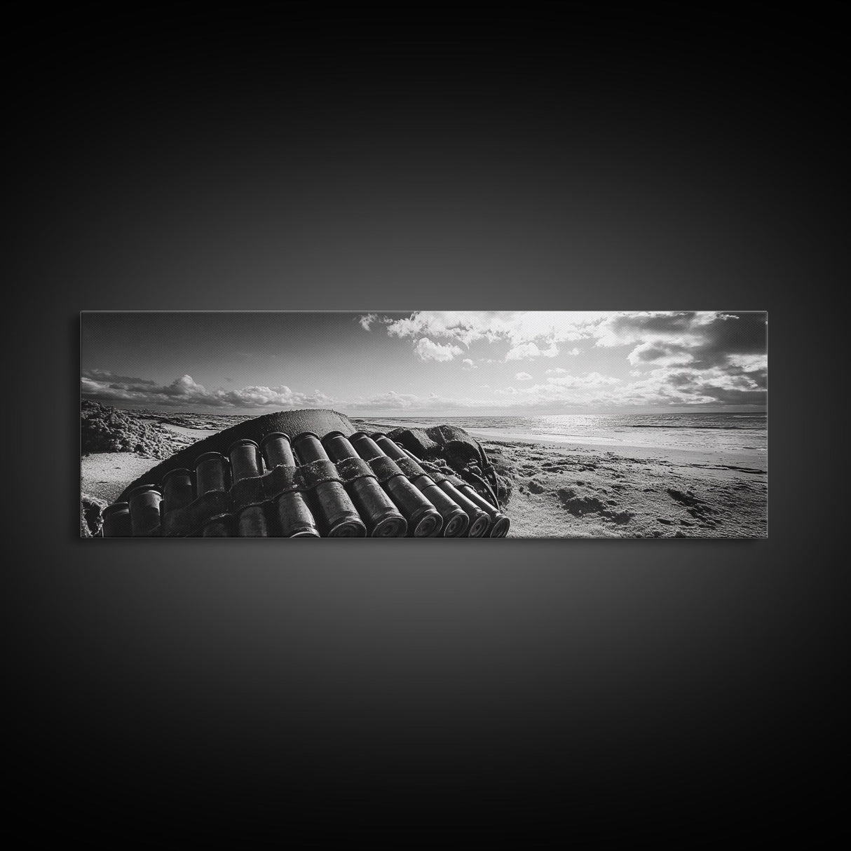 Beach Ammo, War Relic, Ocean Shoreline, WWII Remnants, Framed Canvas Print, Industrial Wall Art, Man Cave Decor, Coastal Photography