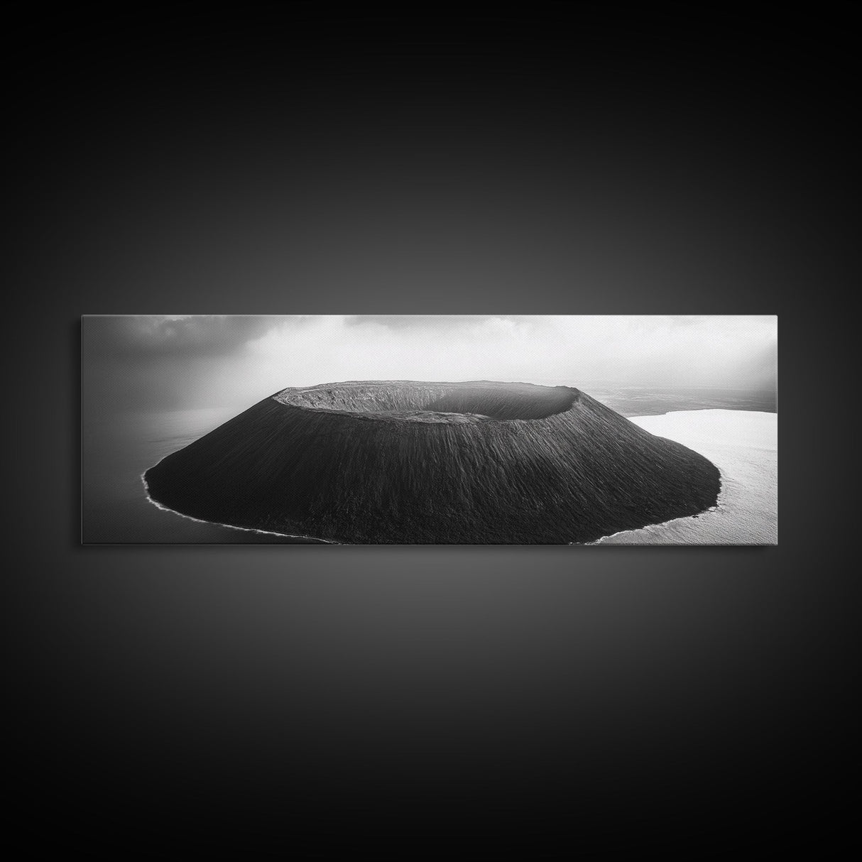 Island Volcano, Crater View, Aerial Landscape, Coastal Photography, Canvas Print, Nature Wall Decor, Bedroom Art, Monochrome Landscape