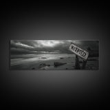 Stormy Beach, Weathered Sign, Moody Ocean, Black and White Photography, Framed Canvas Print, Coastal Gothic Wall Art, Autumn Decor