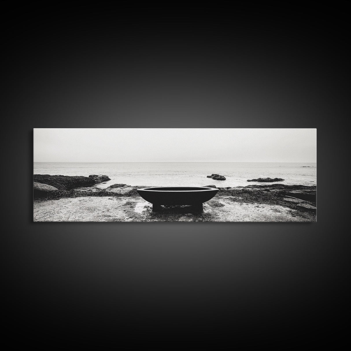Coastal Boat, Ocean Horizon, Solitude Scene, Black and White Seascape, Canvas Print, Modern Bathroom Wall Art, Minimalist Decor