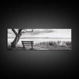 Quiet Lake Bench, Peaceful Reflection, Nature Photography, Framed Canvas Print, Serene Bedroom Decor, Minimalist Living Room Wall Art