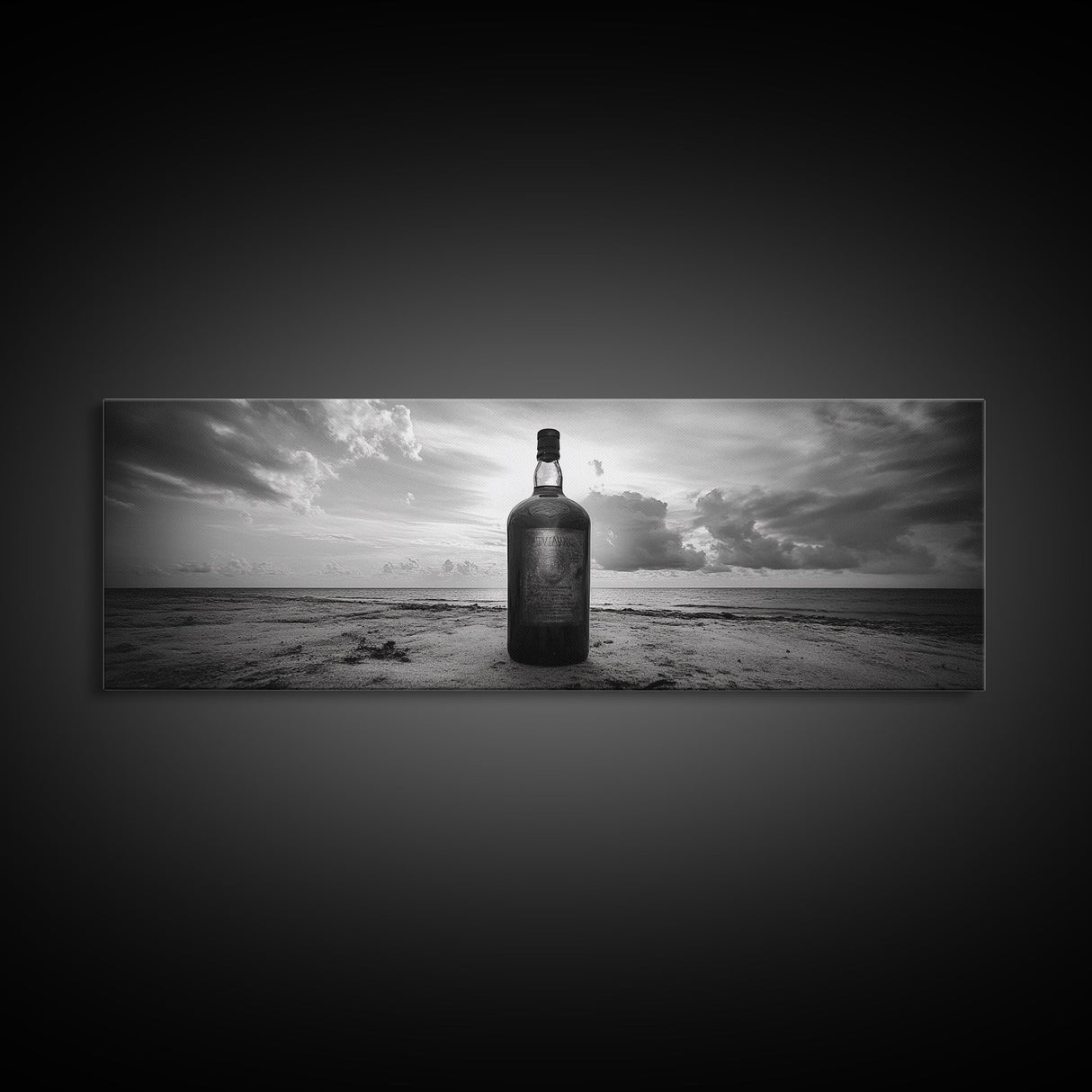 Whiskey on Beach, Bottle Seascape, Moody Coastal Still Life, Canvas Print, Masculine Bar Wall Art, Rustic Living Room Accent Piece