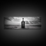 Whiskey on Beach, Bottle Seascape, Moody Coastal Still Life, Canvas Print, Masculine Bar Wall Art, Rustic Living Room Accent Piece