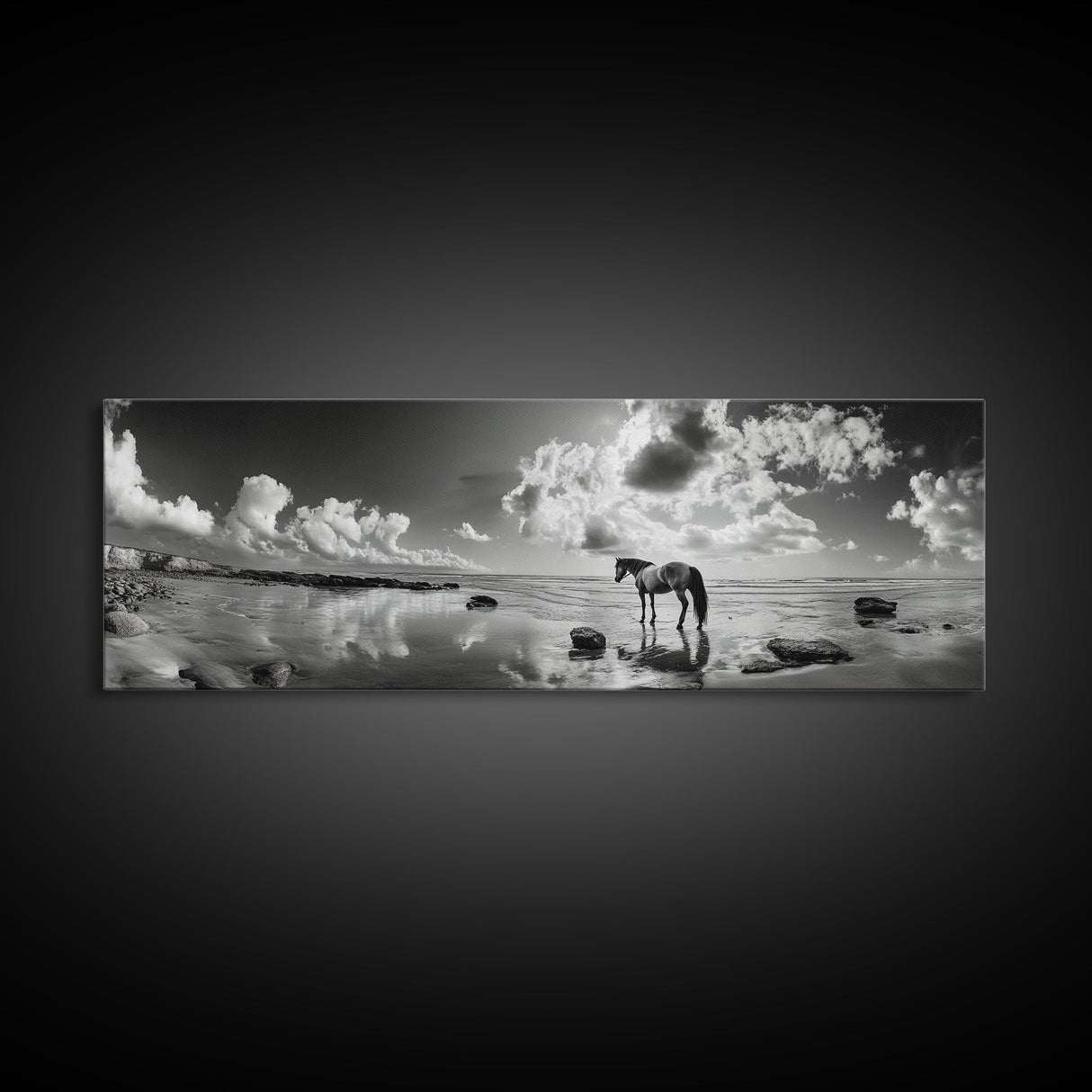 Beach Horse Reflection, Coastal Freedom, Wild Spirit Scene, Framed Canvas Print, Western Bathroom Art, Minimalist Beach House Decor