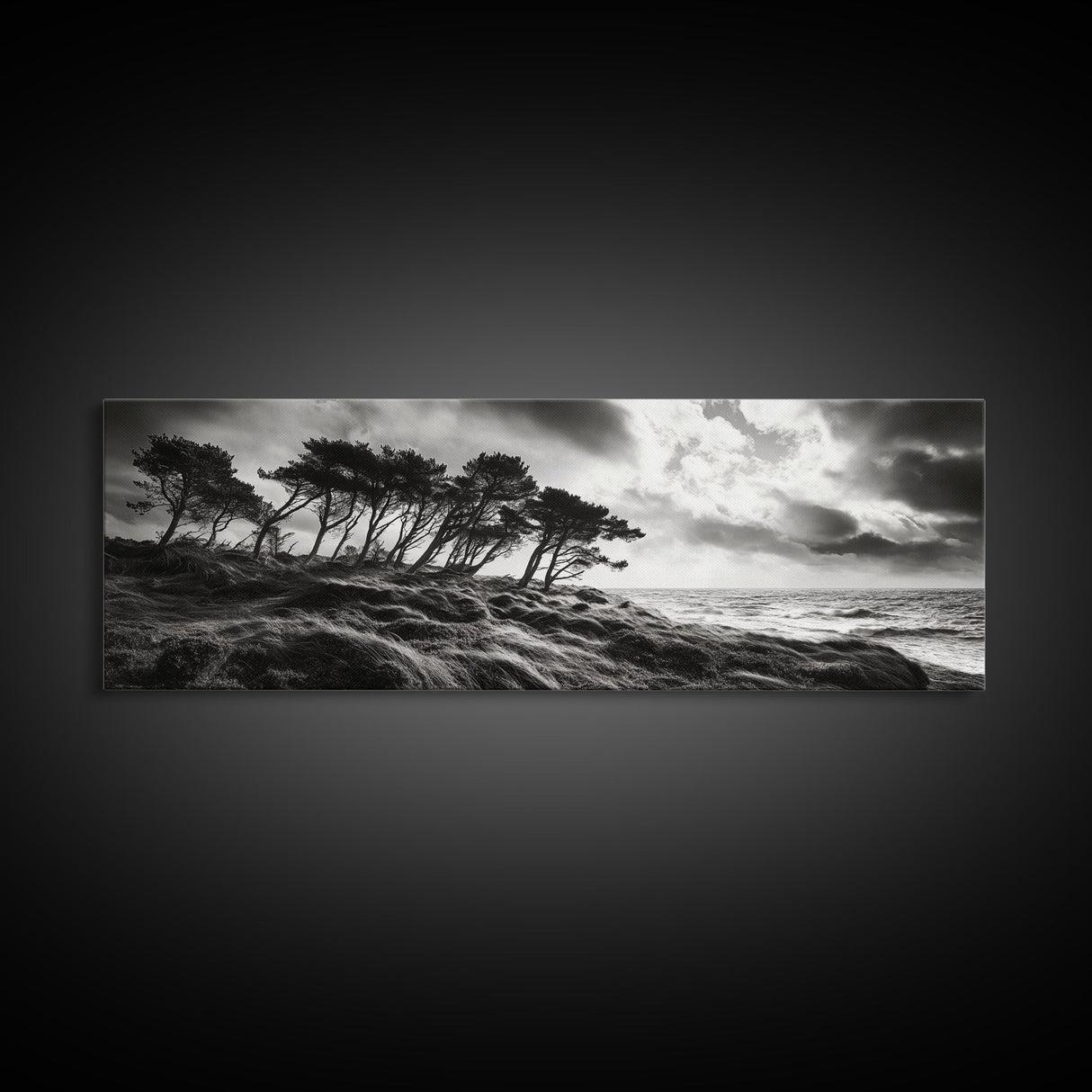 Windswept Pines, Stormy Sea, Moody Coastal Scene, Framed Canvas Print, Rustic Nature Decor, Bedroom Wall Art, Autumn Vibes