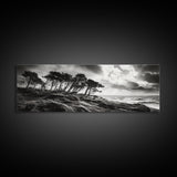 Windswept Pines, Stormy Sea, Moody Coastal Scene, Framed Canvas Print, Rustic Nature Decor, Bedroom Wall Art, Autumn Vibes