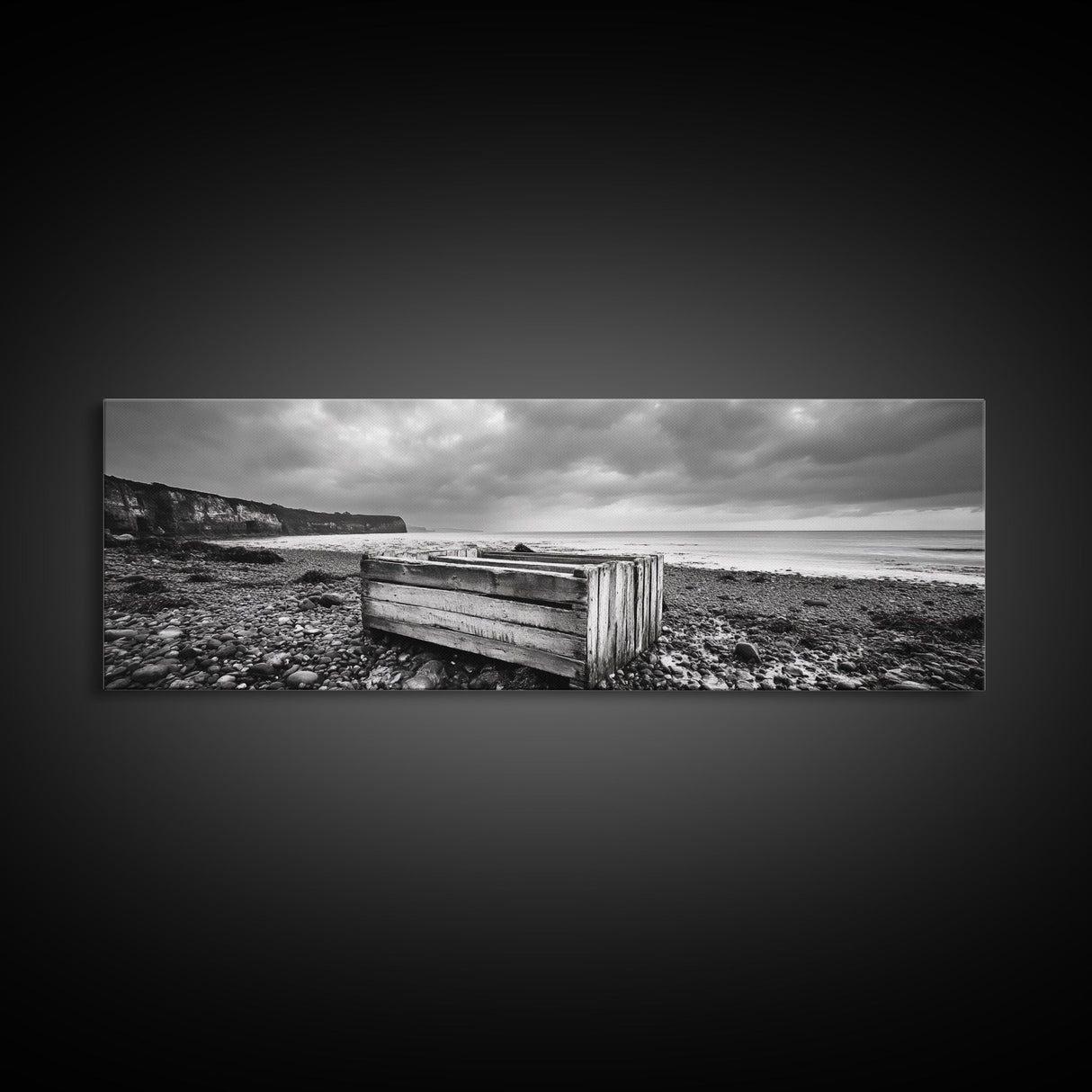 Rocky Beach, Driftwood Crate, Stormy Sky Seascape, Framed Canvas Print, Coastal Rustic Decor, Bathroom Wall Art, Monochrome Style