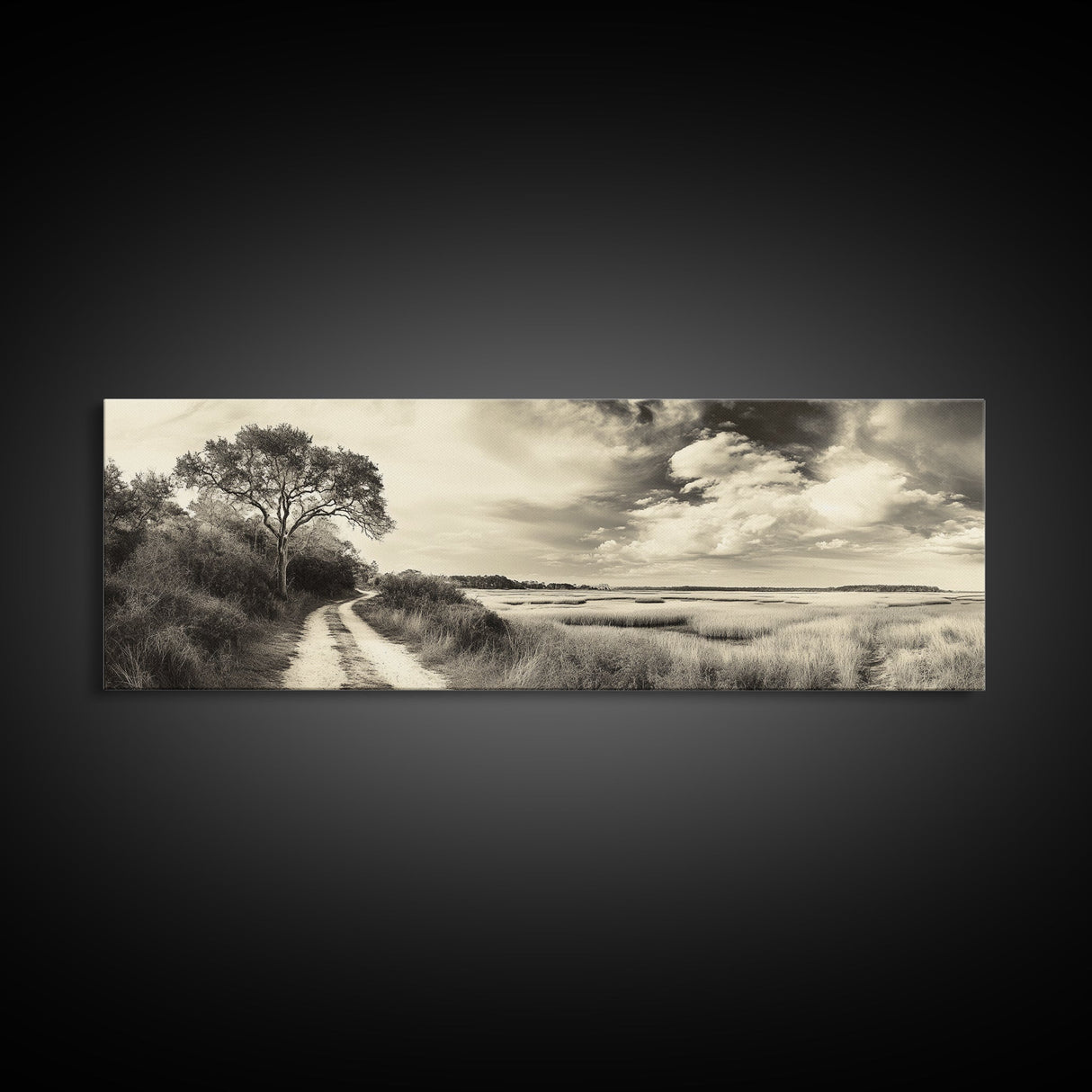 Country Road, Marshland Meadow, Lone Tree Landscape, Framed Canvas Print, Rustic Fall Wall Art, Entryway Decor, Neutral Nature Style