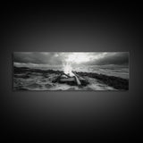 Driftwood Fire, Coastal Sky, Ocean Mood, Fall Campfire, Framed Canvas Print, rustic lake decor, bohemian fireplace art, nature wall accent
