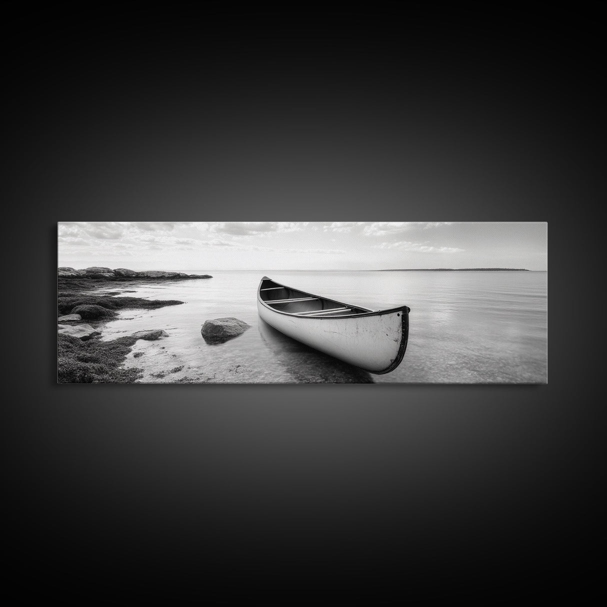 Canoe Shore, Coastal Calm, Nature Paddle, Tranquil Waters, Canvas Print, minimalist outdoor art, boho lake decor, living room wall piece