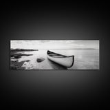 Canoe Shore, Coastal Calm, Nature Paddle, Tranquil Waters, Canvas Print, minimalist outdoor art, boho lake decor, living room wall piece