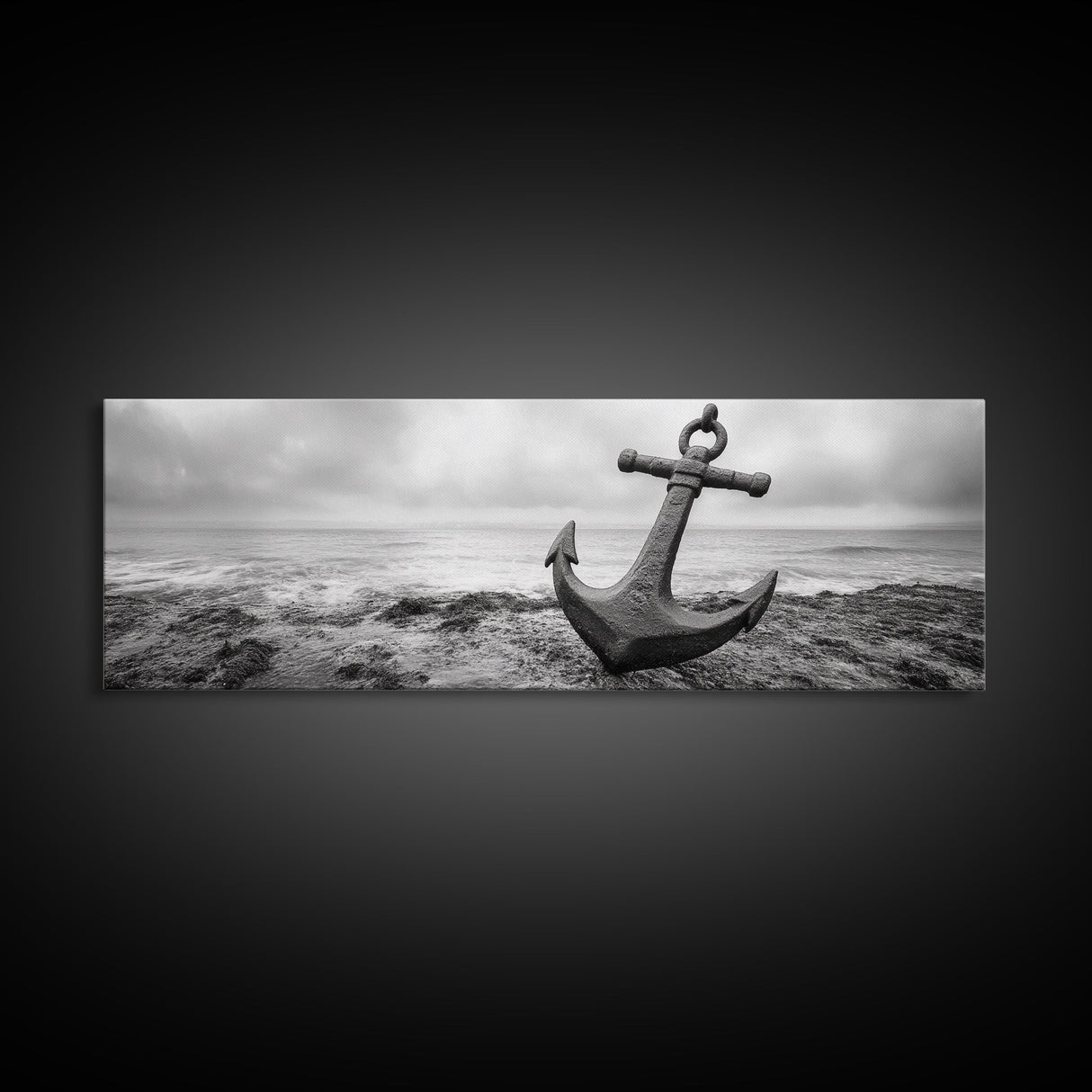 Anchor Shore, Ocean Symbol, Coastal Rust, Nautical Fog, Framed Canvas Print, Bathroom Decor, Marine Wall Art, Minimalist Nautical Style