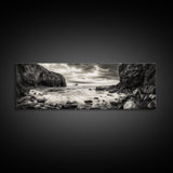 Rocky Shore Escape, Ocean Cliffside, Wild Coast, Moody Sky, Framed Canvas Print, Modern Bathroom Art, Nature Lover Decor