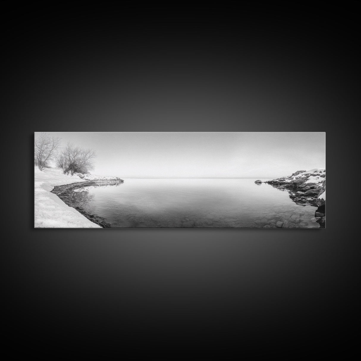 Winter Lake Reflection, Minimal Snow Scene, Bare Trees, Serene Water, Framed Canvas Print, Nordic Minimalist Art, Bedroom Wall Decor