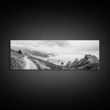 Coastal Trail View, Mountain Seascape, Minimalist Beach Path, Framed Canvas Print, Serene Landscape, Living Room Wall Art, Nature Decor