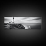 Lighthouse Serenity, Coastal Fog, Ocean Horizon, Canvas Print, Black and White Decor, Office Wall Art, Nautical Theme, Moody Photography