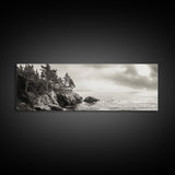 Windy Pines, Rocky Shoreline, Ocean Wilderness, Canvas Print, Vintage Nature Photography, Hallway Wall Art, Outdoor Adventure Vibe