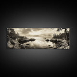 Hidden Cove Sunset, Rocky Seascape, Coastal Tranquility, Framed Canvas Print, Forest Edge, Moody Living Room Wall Art, Seaside Escape