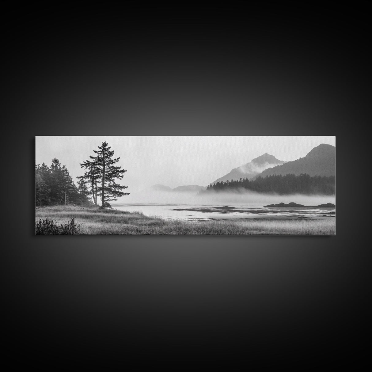 Foggy River Valley, Evergreen Mountains, Morning Mist Landscape, Framed Canvas Print, Tranquil Bedroom Art, Nature Inspired Decor