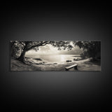 Serene Bench, Ocean View, Tropical Shoreline, Framed Canvas Print, Tranquil Beach Art, Entryway Decor, Nature Photography Wall Art