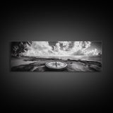 Compass Rose, Ocean Horizon, Palm Trees, Canvas Print, Nautical Beach Art, Boho Living Room Wall Art, Black and White Coastal Decor