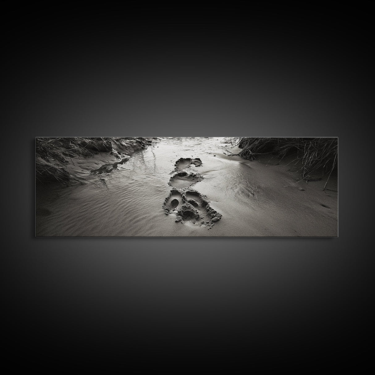 Footprints in Sand, Nature Pathway, Tranquil Stream, Framed Canvas Print, Mindful Journey Art, Rustic Entryway Wall Photography