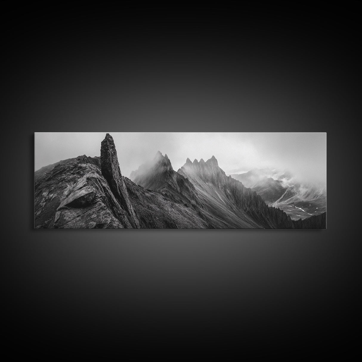 Jagged Peaks, Foggy Mountains, Dramatic Range, Canvas Print, Monochrome Wilderness Art, Office or Cabin Wall Decor, Adventure Style
