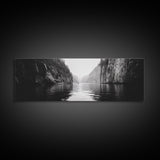 Misty Canyon, River Passage, Tranquil Adventure, Canvas Print, Nature Escape Wall Art, Zen Office Decor, Moody Black and White Style
