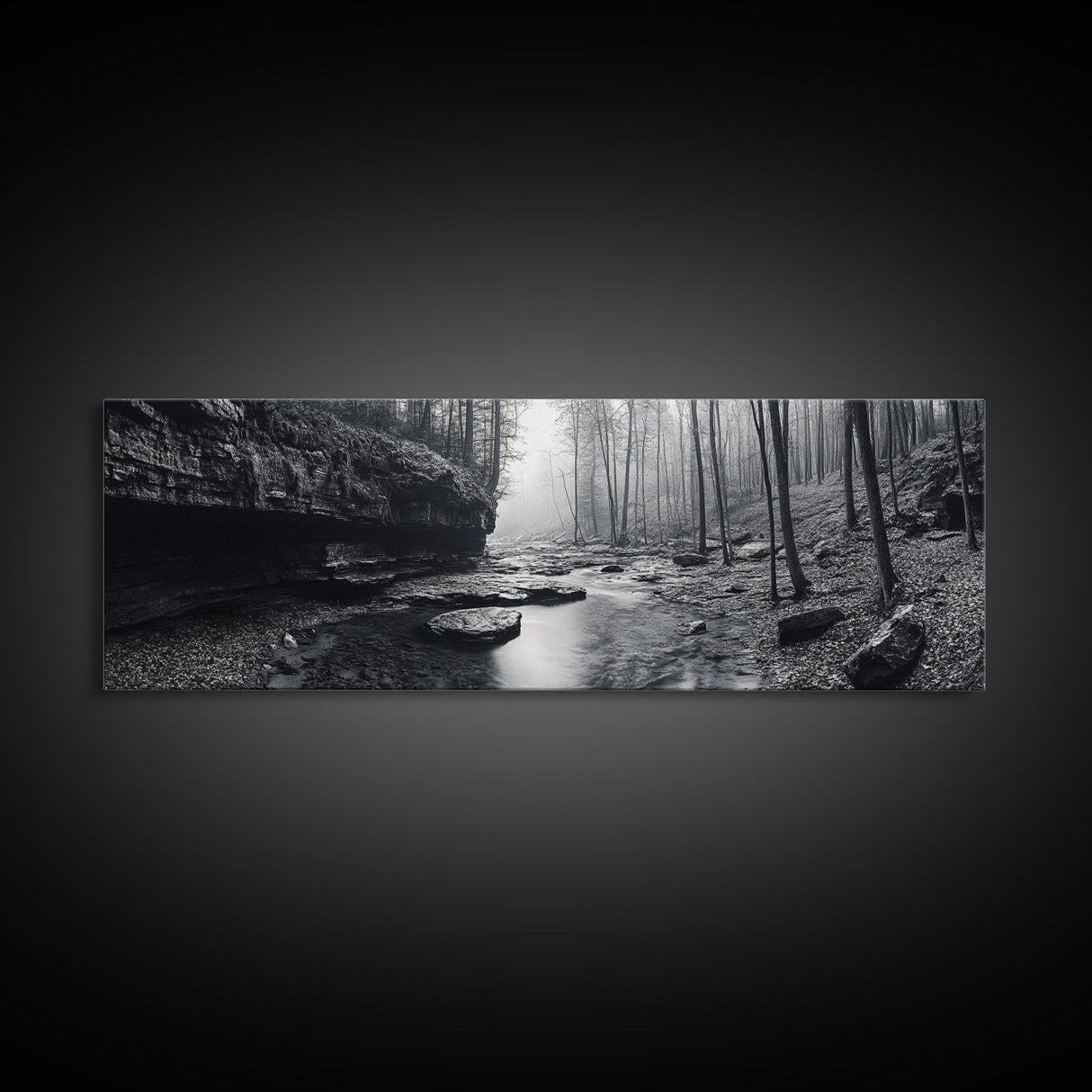 Misty River, Tranquil Forest, Autumn Nature, Monochrome Photography, Framed Canvas Print, Bedroom Wall Art, Rustic Decor, Minimalist Style