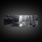 Misty River, Tranquil Forest, Autumn Nature, Monochrome Photography, Framed Canvas Print, Bedroom Wall Art, Rustic Decor, Minimalist Style