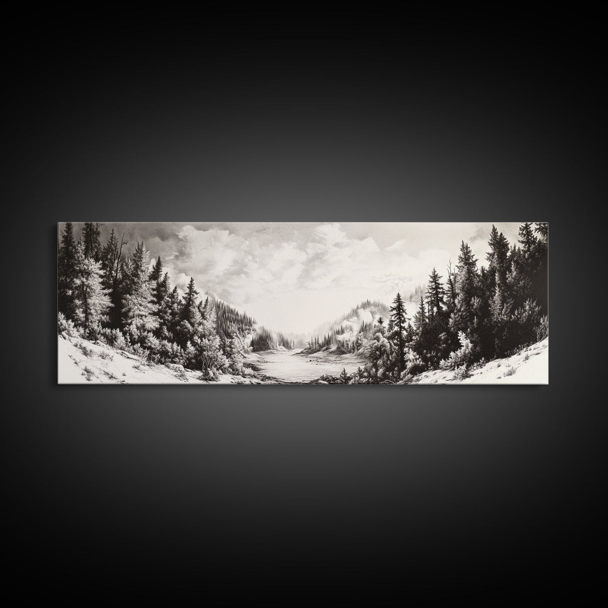 Snowy Pines, Winter Landscape, Woodland Valley, Fine Art Nature, Framed Canvas Print, Cabin Wall Art, Mountain Decor, Rustic Winter Scene