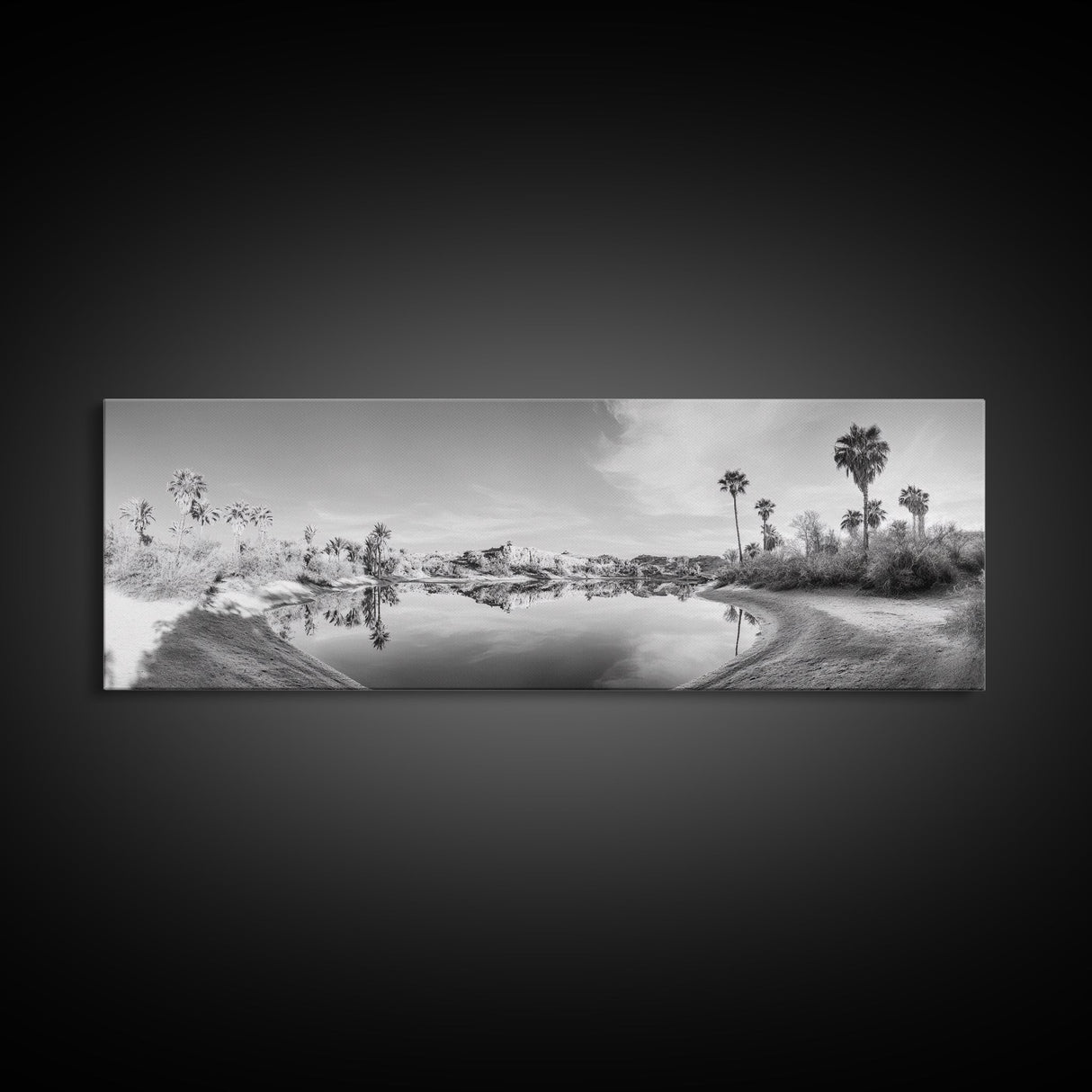 Oasis Reflections, Palm Trees, Desert Scene, Infrared Art Print, Framed Canvas Print, Tropical Wall Art, Boho Bedroom Decor, Tranquil Style