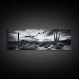 Desert Sunset, Cactus Silhouettes, Southwestern Landscape, Moody Sky Scene, Framed Canvas Print, Western Wall Art, Rustic Office Decor