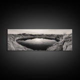 Desert Pool, Reflected Sky, Rugged Terrain, Monochrome Minimalism, Framed Canvas Print, Earthy Wall Art, Neutral Bedroom Decor