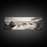 Rocky Coastline, Ocean Cliffs, Soft Waves, Long Exposure Landscape, Framed Canvas Print, Nautical Wall Art, Calm Living Room Decor