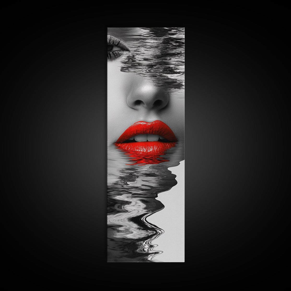 Red Lips, Reflections, Water Art, Surreal Beauty – Canvas Print, Glam Wall Art, Bathroom Decor, Black White Red Art, Fashion Aesthetic