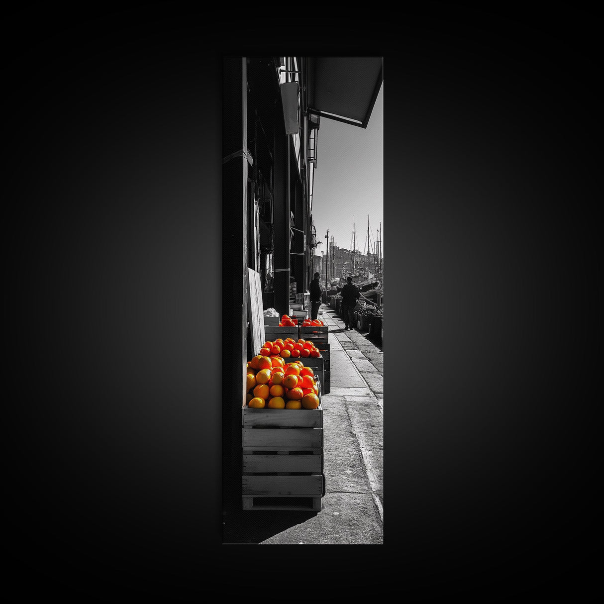 Orange Crates, Market Scene, Harbor View, Urban Life – Framed Canvas Print, Kitchen Wall Art, Rustic Market Decor, Fall City Aesthetic