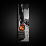 Orange Crates, Market Scene, Harbor View, Urban Life – Framed Canvas Print, Kitchen Wall Art, Rustic Market Decor, Fall City Aesthetic