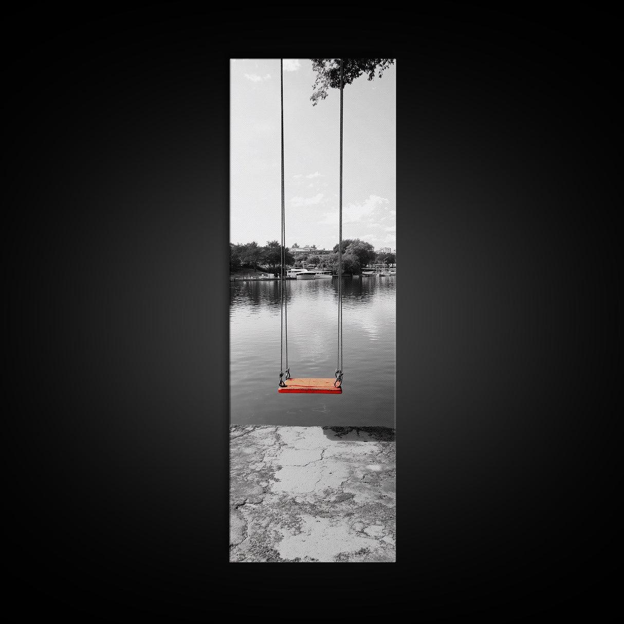 Swing Over Lake, Still Waters, Childhood Memories, Tranquil View – Canvas Print, Minimalist Wall Art, Kids Room Decor, Serene Black and White