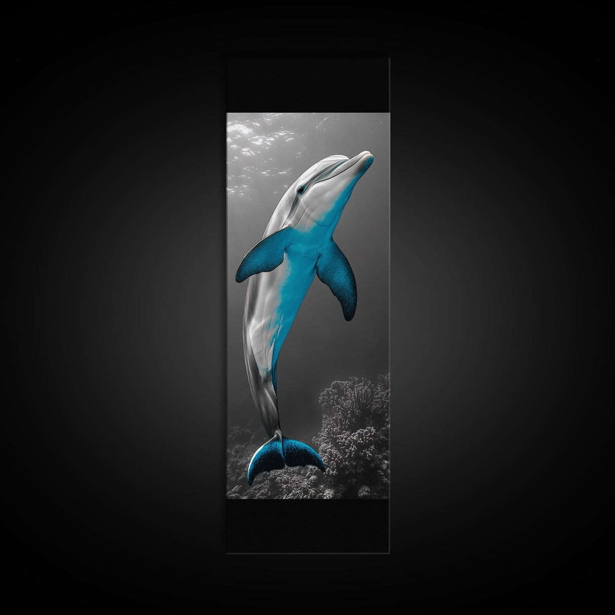 Blue Dolphin, Ocean Glow, Underwater Life, Sea Creature – Framed Canvas Print, Bathroom Wall Art, Coastal Decor, Marine Animal Art