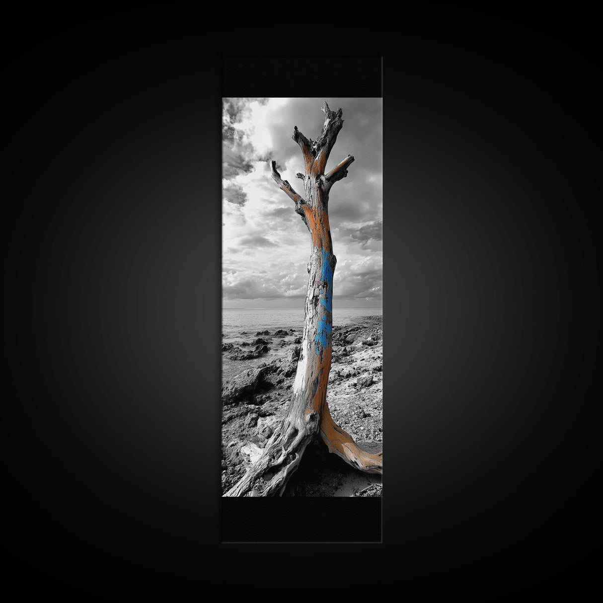 Painted Tree, Coastal Driftwood, Stormy Sky, Bold Texture – Framed Canvas Print, Beach House Decor, Abstract Nature Art, Rustic Minimalism