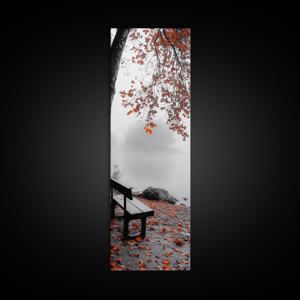 Autumn Leaves, Lakeside Bench, Quiet Moments, Foggy Morning, Framed Canvas Print, Cozy Fall Wall Art, Tranquil Living Room Decor