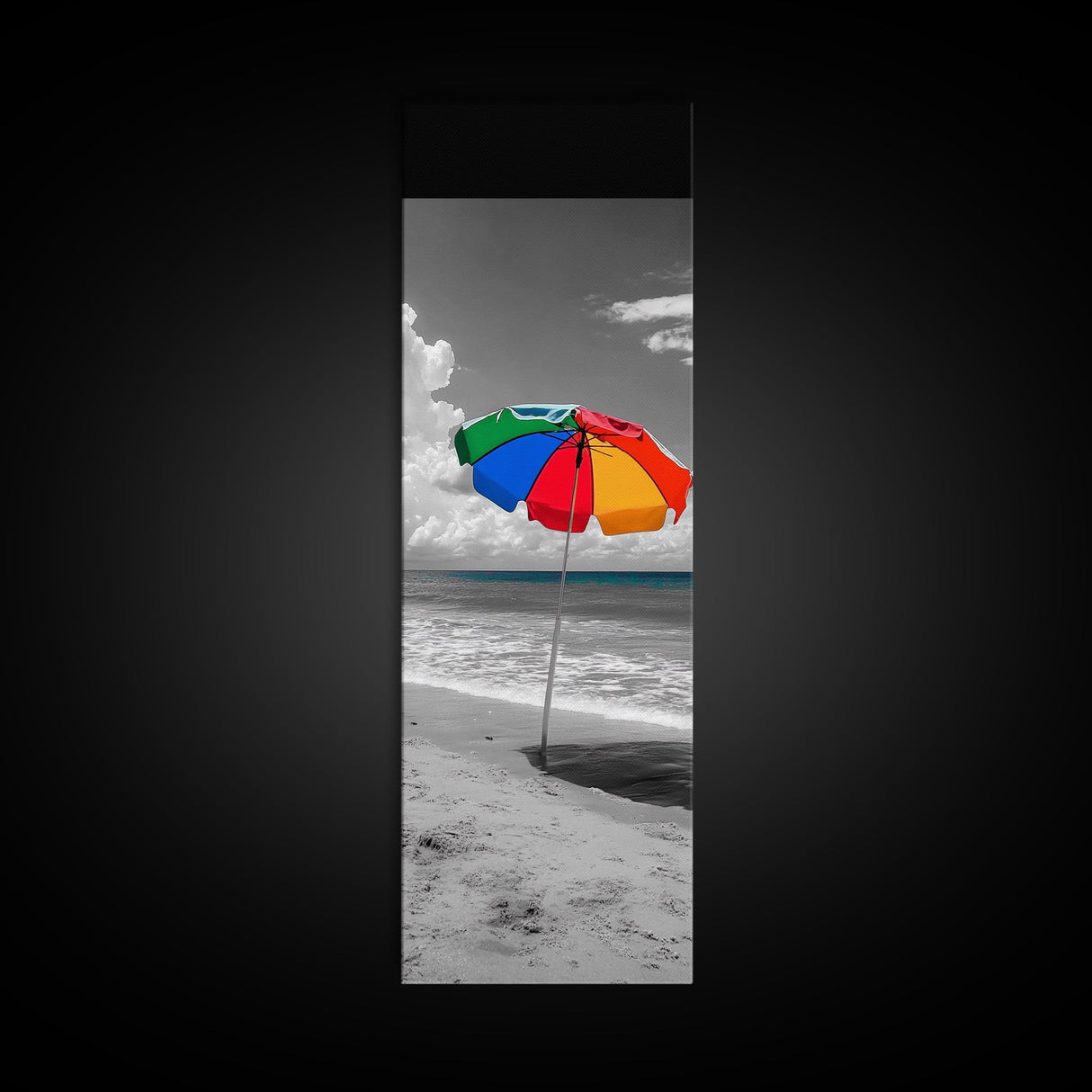 Rainbow Umbrella, Sandy Beach, Summer Sky, Framed Canvas Print, Coastal Bathroom Art, Vibrant Beach Decor, Modern Tropical Style
