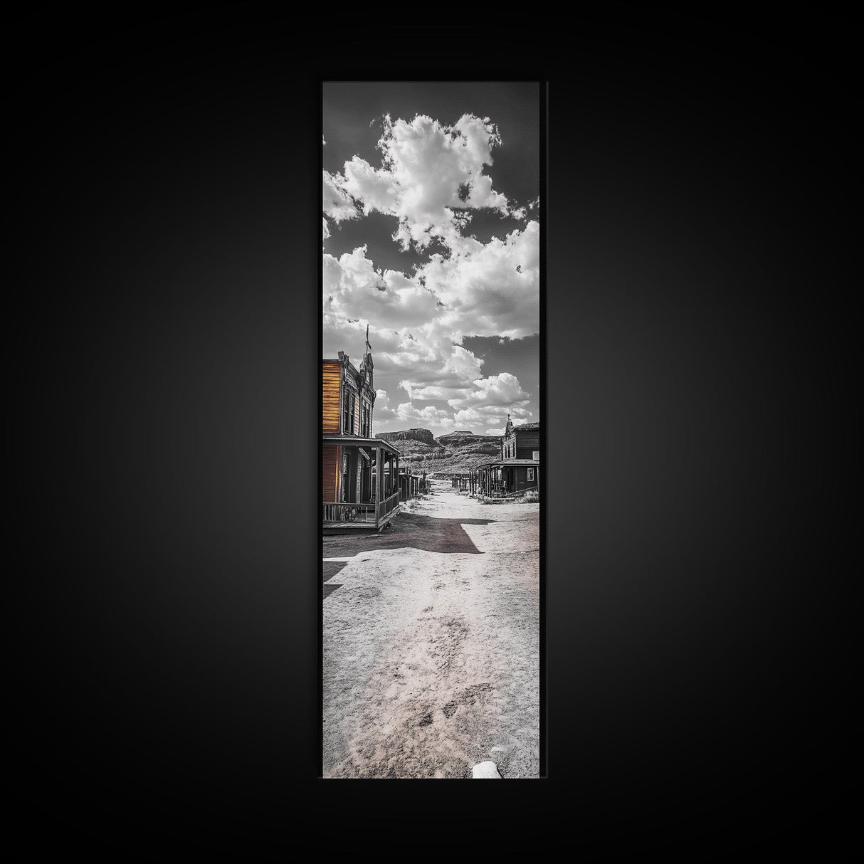 Desert Street, Western Town, Cloudy Skies, Frontier Road, Framed Canvas Print, Rustic Wall Art, Western Style Decor, Saloon Theme